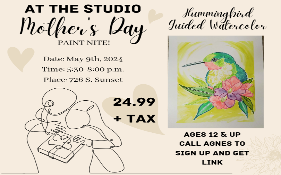 Painting of a hummingbird, drawing of two people hugging & present. Pictured with text for a Mother's Day paint nite.