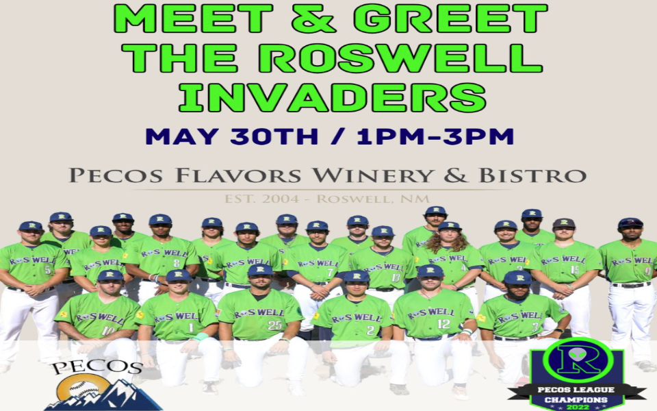The Roswell Invaders' group picture used as the flyer for their 2024 meet & greet event at the Pecos Flavors Winery.
