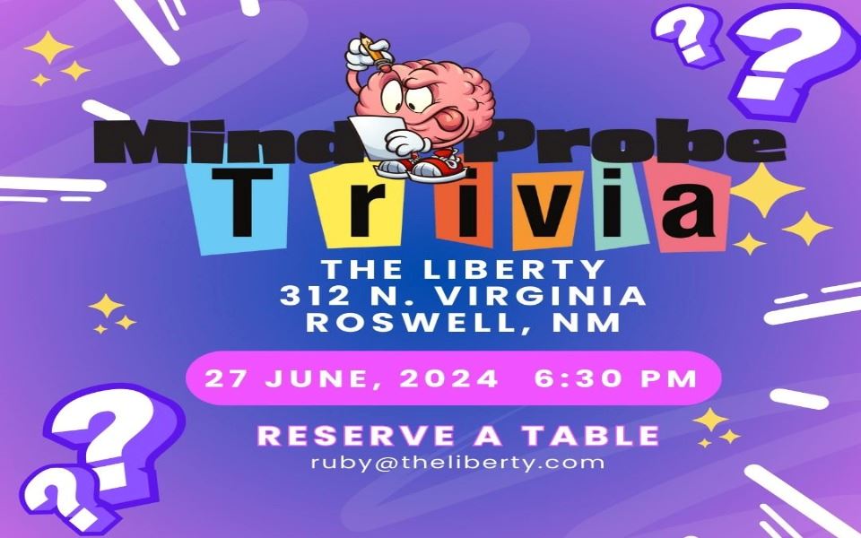 Colorful purple flyer for the Mind Probe Trivia's June 27th Trivia Night.