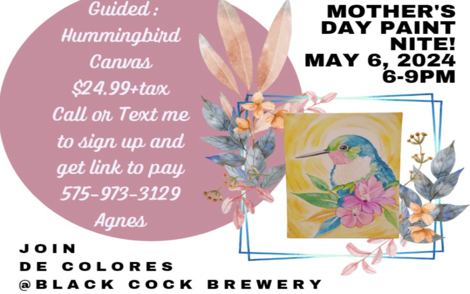 Painting of a hummingbird pictured with a white background and event text for a Mother's Day paint nite.