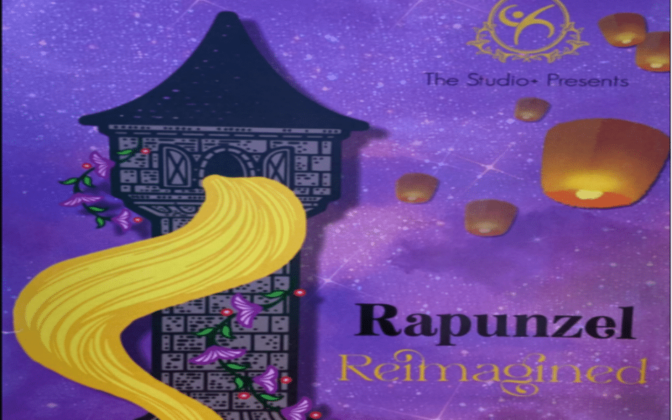 Rapunzel's tower with her hair flowing out of it. Pictured with text for a dance performance called "Rapunzel Reimagined."