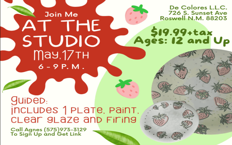 At The studio painting class, includes images of strawberries and red paint.