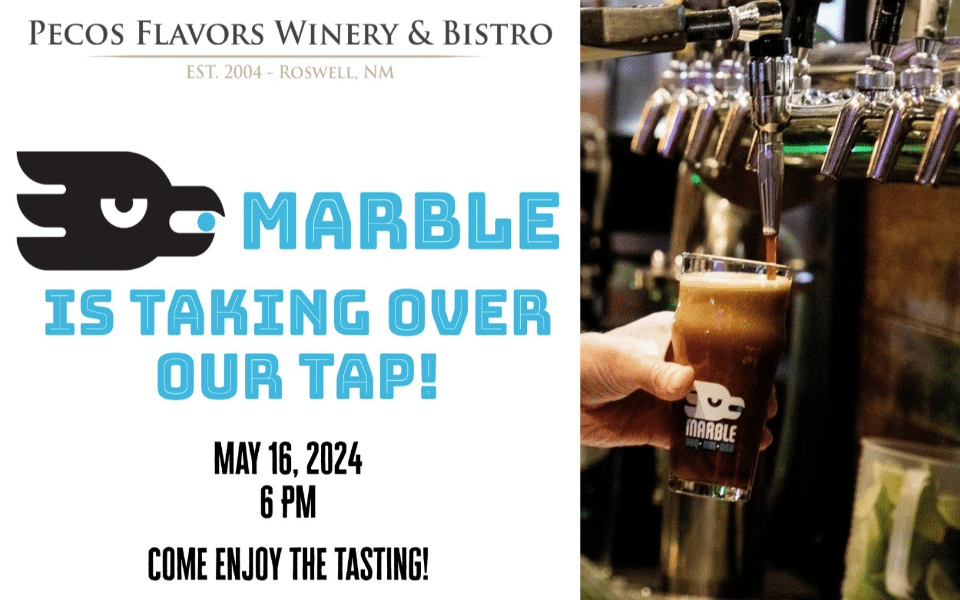 The Marble Brewery is taking over the Pecos Winery's taps in Roswell, New Mexico. Included in the image is a beer tap in use and the Marble Brewery's logo.